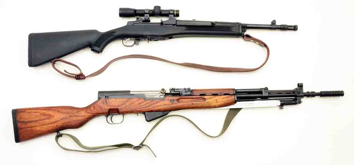 At top is a Ruger Mini Thirty (7.62x39mm) on which Mike has mounted a 3x Leupold scope. The bottom rifle is a Yugoslavian made SKS.